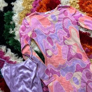 Peppermayo Pink Lavender Abstract Print Long Sleeve Dress & Lilac Slip Top